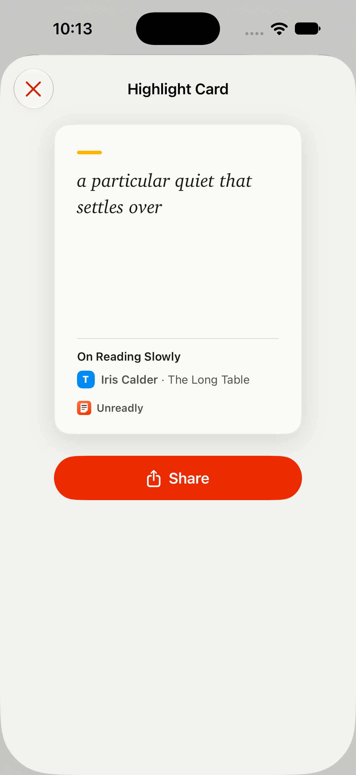 A Highlight Card on iPhone, ready to share, with the Article’s title and Source.